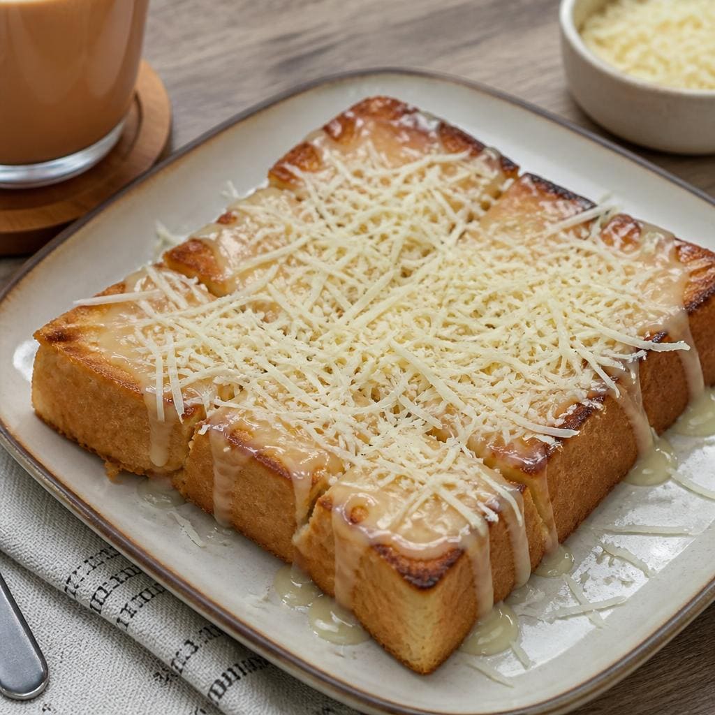 Roti Bakar Keju Es Teler 77 dengan susu kental manis dan keju parut